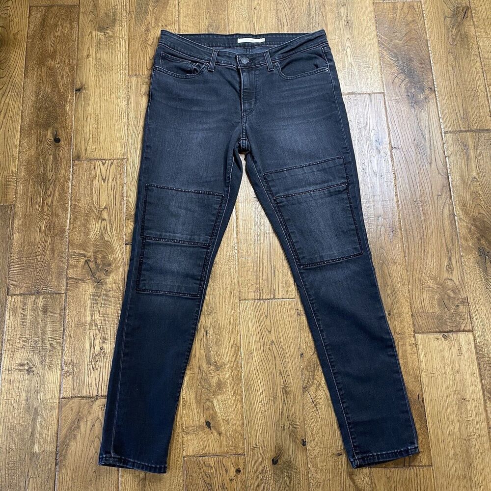 Levi's 711 Skinny Stretch Black Denim Jeans Womens Size 30 Patch Front Design